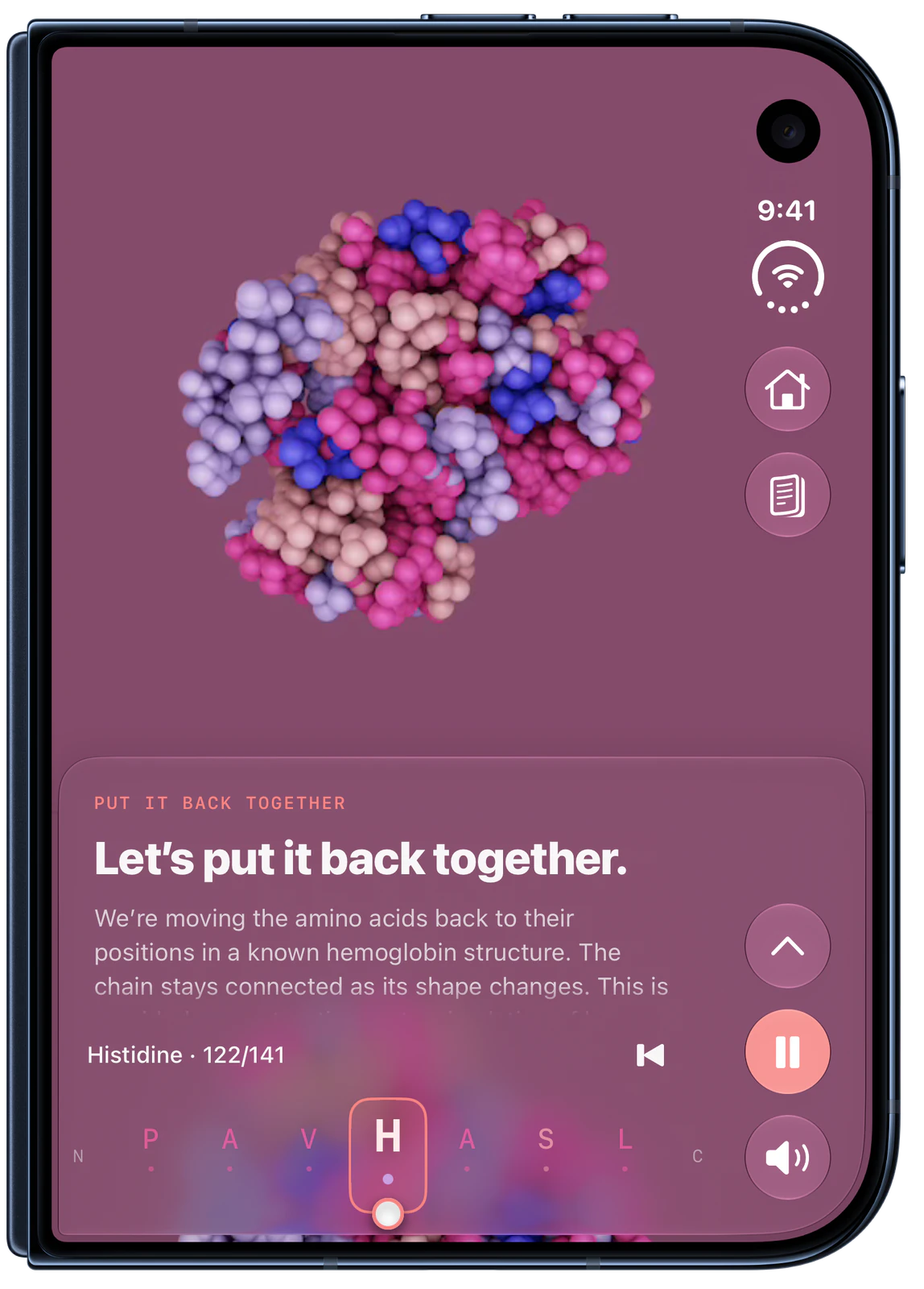 CellWalk on iPhone Duo, closed: The What is a Protein? lesson: rebuilding hemoglobin.