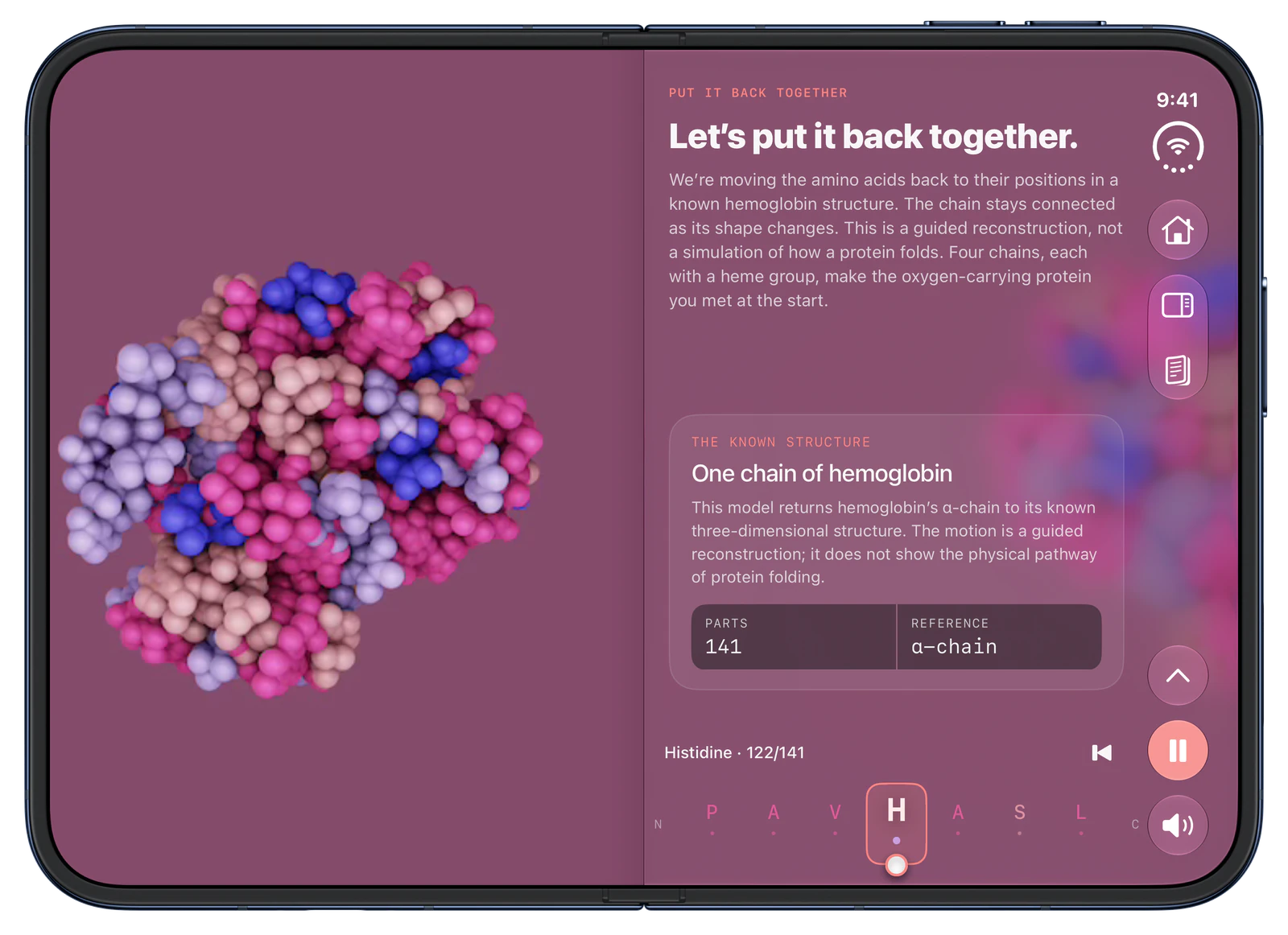 CellWalk on iPhone Duo, open: The What is a Protein? lesson: rebuilding hemoglobin.